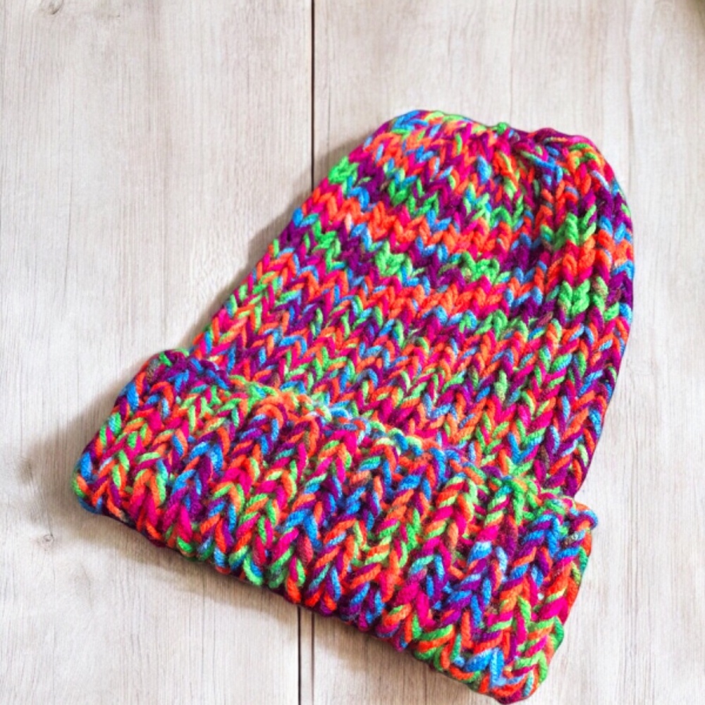 Chunky Ribbed Knit Toboggan Dark Neon Beanie Folded Brim Hat - Picture 6 of 17